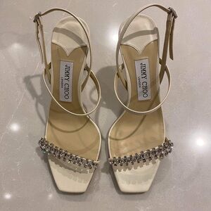 Jimmy Choo Meira 85 size 37.5 Latte Nappa Sandals with Crystal Embellishment